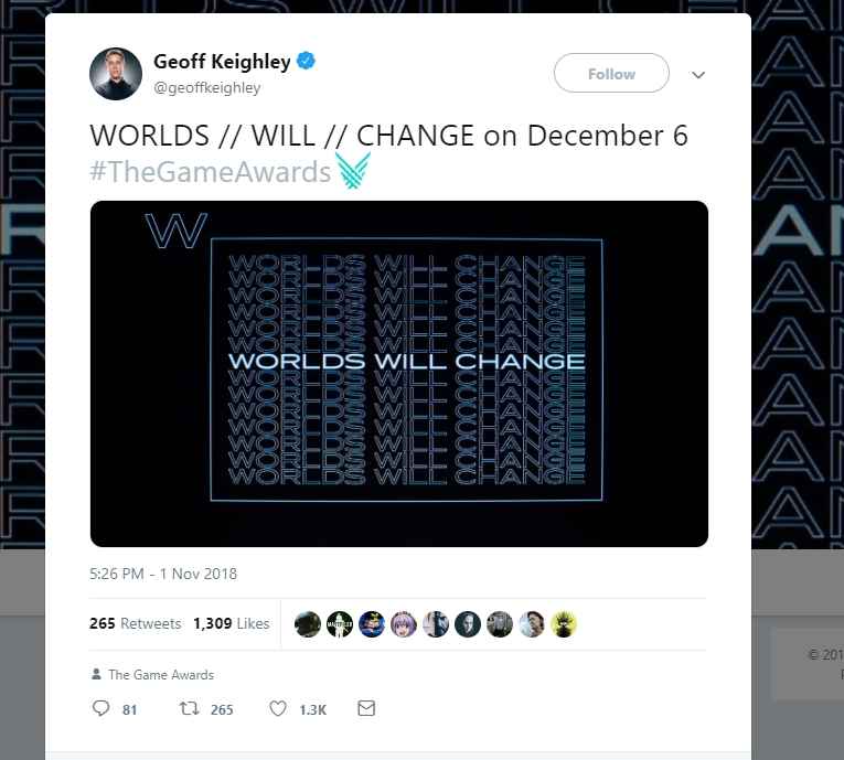 Tweet di Geoff Keighley che preannuncia un reveal ai Games Awards di Alien: Blackout