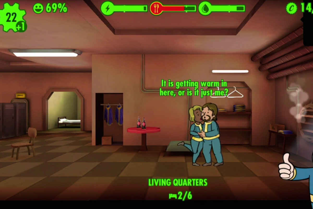 Screenshot tratto da Fallout Shelter in cui due abitanti del Vault si sbaciucchiano