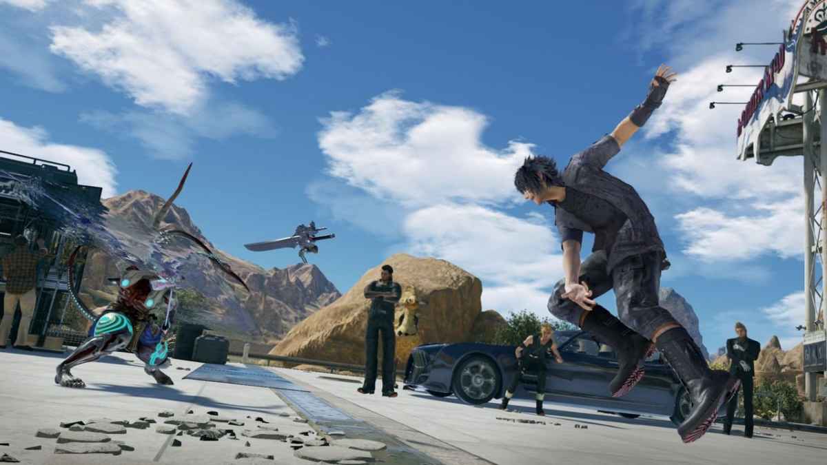 Screenshot dello Stage Hammerhead, l'officina di Cid che compare in Tekken 7 direttamente da Final Fantasy XV