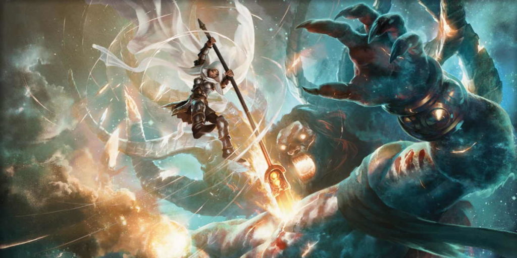 Elspeth distrugge Xenagos, un fatto avvenuto nel setting di Theros di Magic: the Gathering