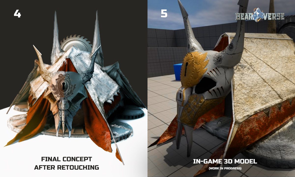 A sinistra l'immagine generata da Midjourney, a destra il modello 3d realizzato per il gioco basato sull'immagine di sinistra.