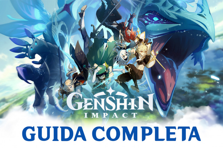 copertina guida completa genshin impact con personaggi di mondstadt e drago dvalinn