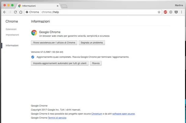 Pagina per l'aggiornamento di google Chrome