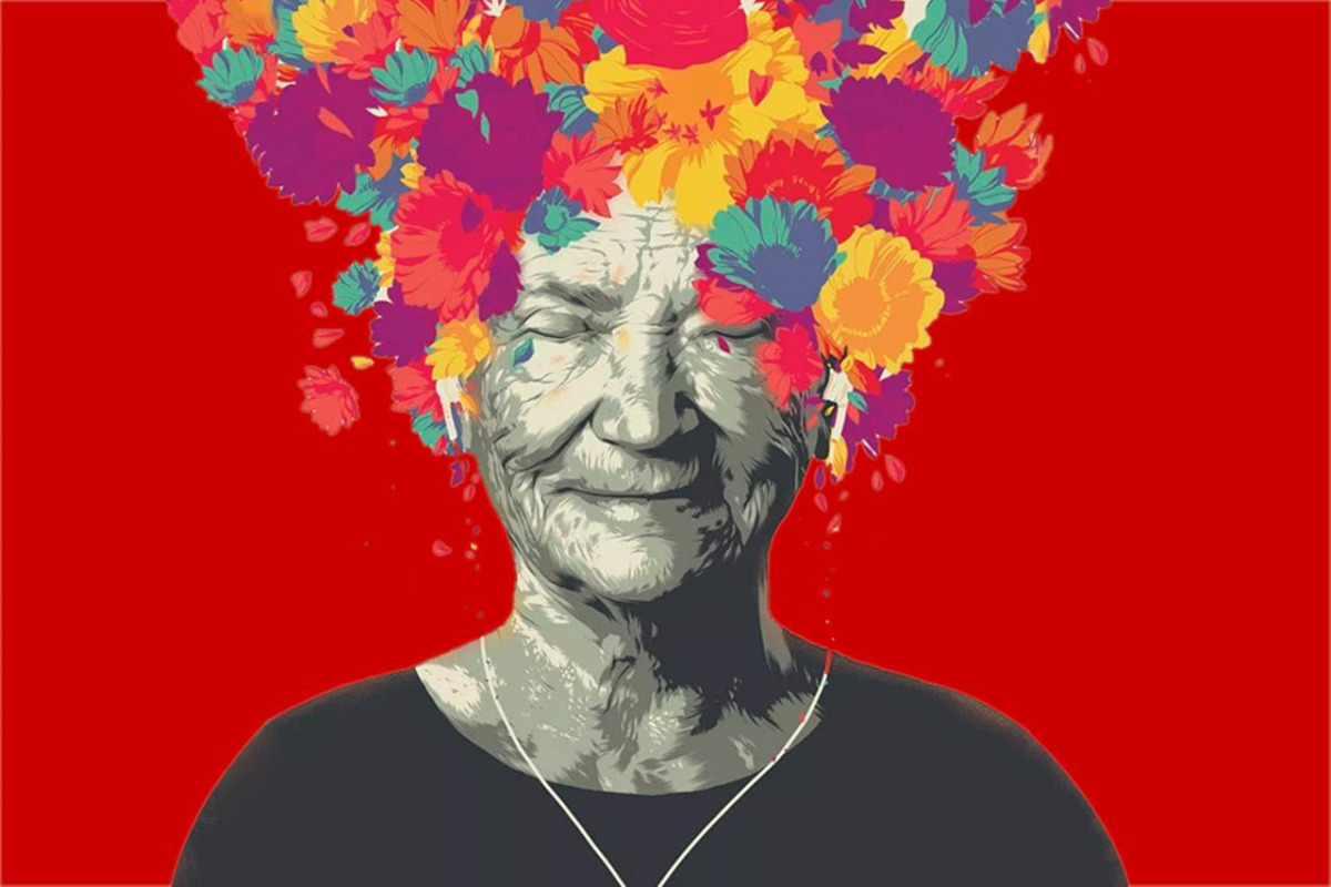 Illustrazione che rappresenta l'alzheimer con una donna dalla testa incorniciata da fiori