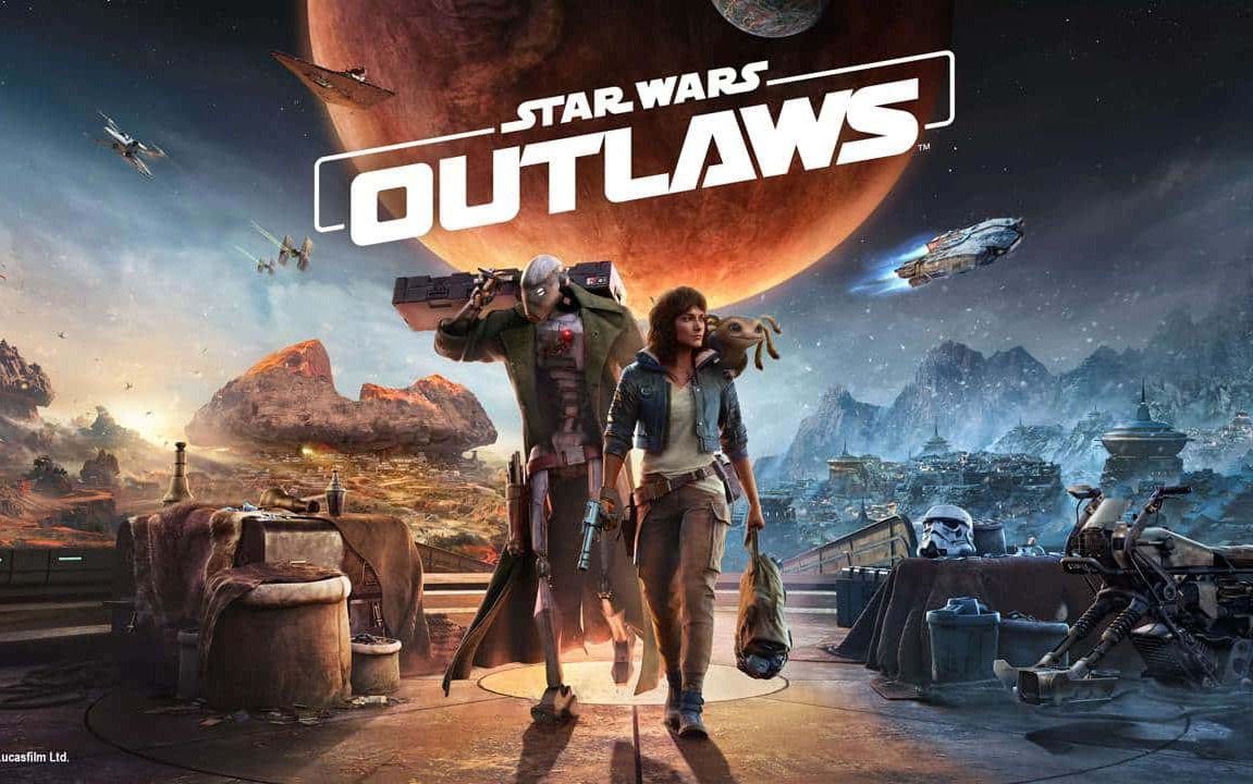 Cover di Star Wars Outlaws con la protagonista Kay al centro assieme ai suoi compagni