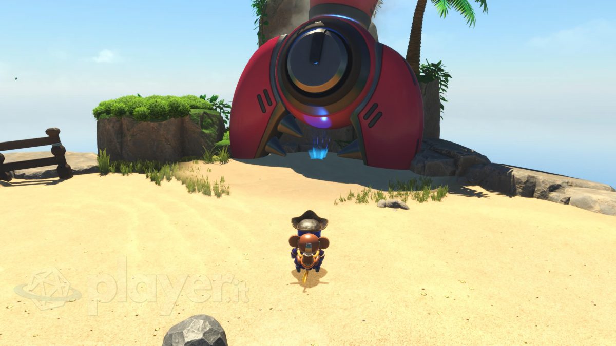 Astro Bot sulla spiaggia dopo lo scontro con Capitan Pincher