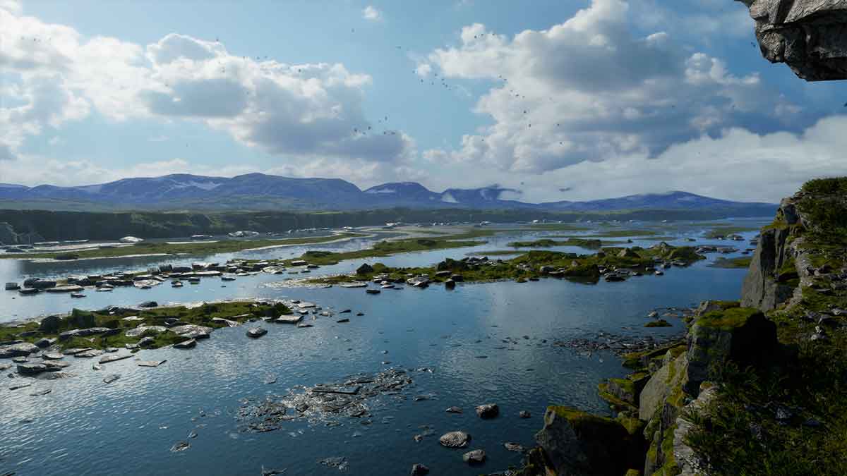 Un paesaggio tipico isalndese, lago bassi con roccia e muschio.