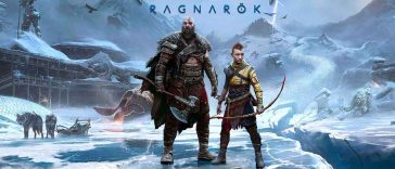 Kratos e Atreus in piedi su una lastra di ghiaccio, la copertina di God of War Ragnarok