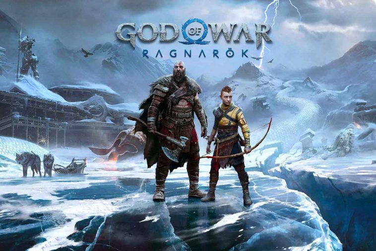 Kratos e Atreus in piedi su una lastra di ghiaccio, la copertina di God of War Ragnarok