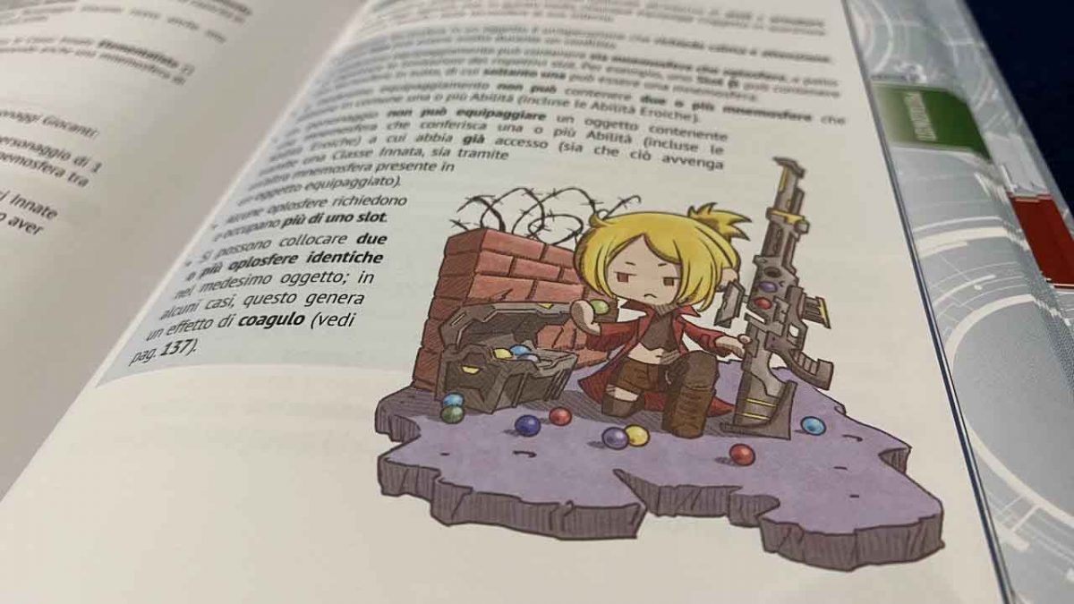 Illustrazione chibi nell'Atlante Techno Fantasy di Fabula Ultima che mostra un personaggio inserire sfere in un'arma