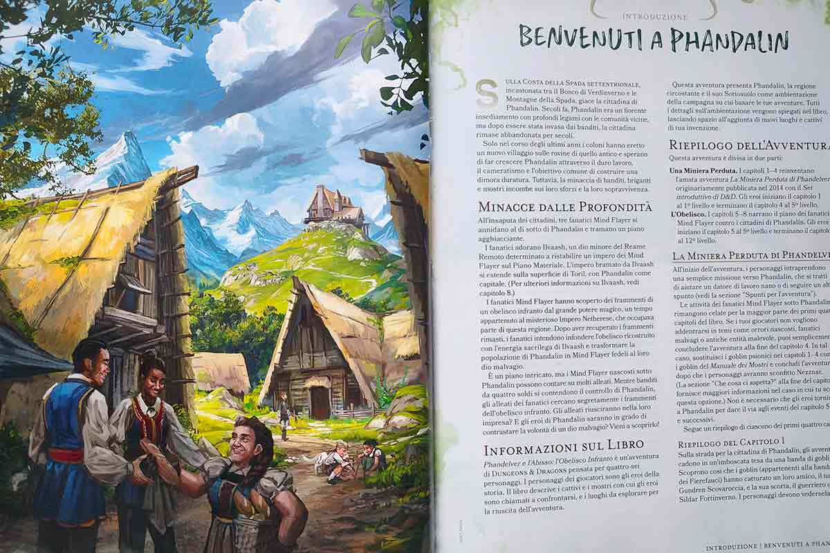 Le prime pagine del manuale con l'illustrazione A4 di Phandalin e i primi paragrafi introduttivi