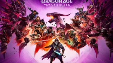 Copertina di dragon age veilguard con i personaggi disposti a forma di ali di drago