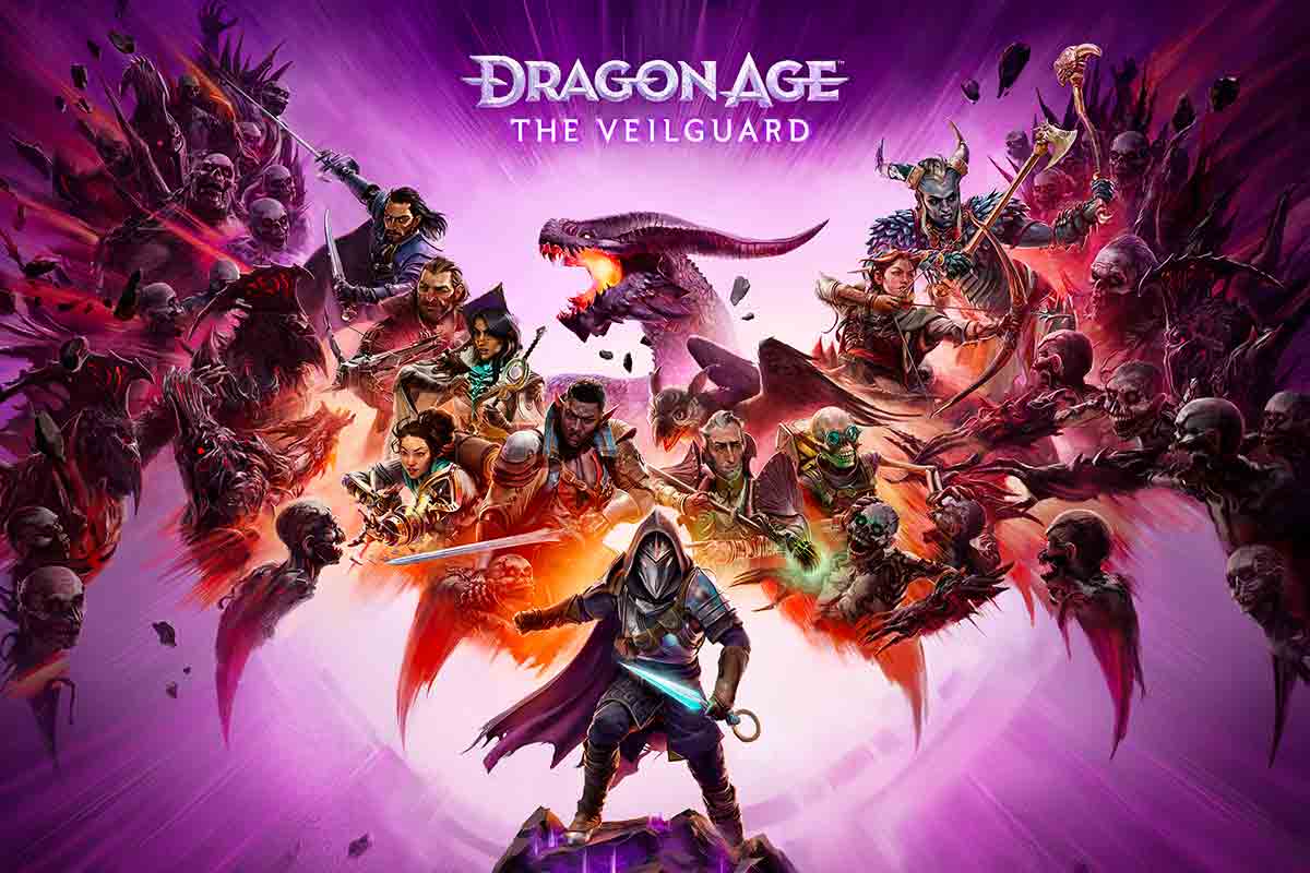 Copertina di dragon age veilguard con i personaggi disposti a forma di ali di drago