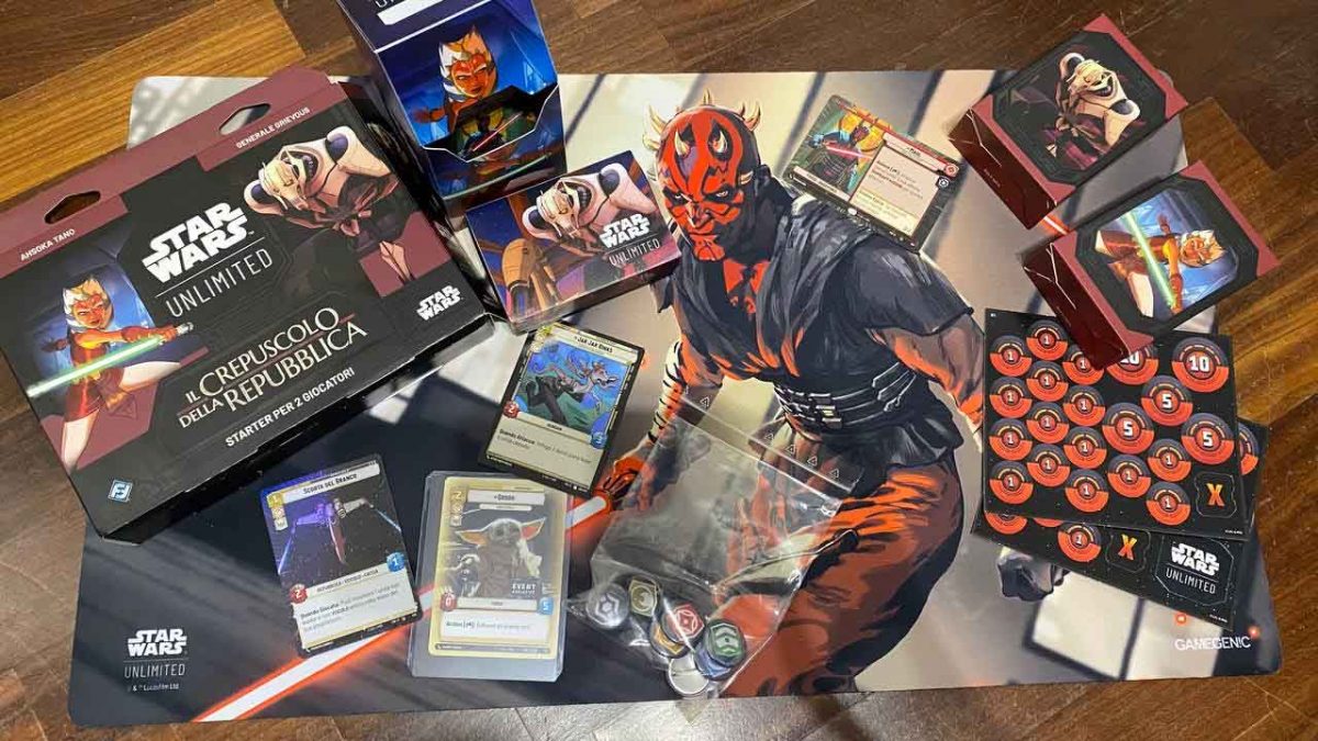 Playmat, carte, starter kit, segnalini, carte promo e spillette di Star Wars Unlimited il Crepuscolo della Repubblica