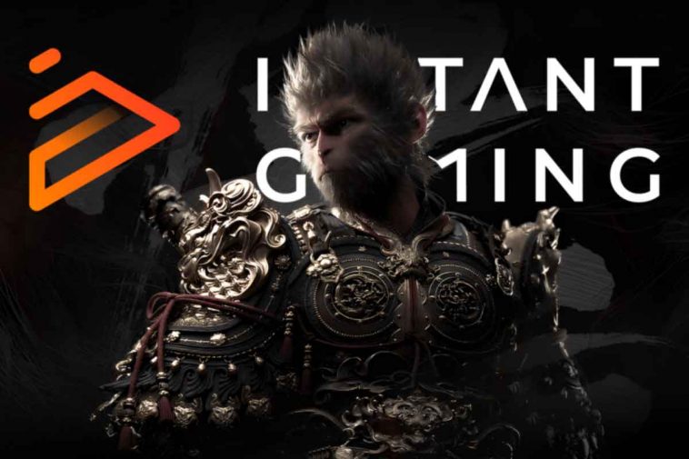 Protagonista di Black Myth wukong, primo piano e scritta Instant Gaming sullo sfondo