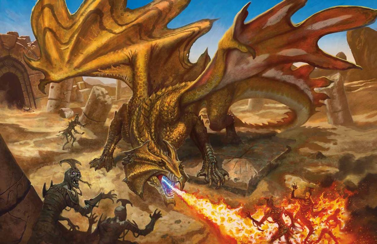 Illustrazione del Drago Dorato in Dungeons & Dragons 2024 nel nuovo Manuale dei Mostri