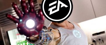 Tony Stark col guanto di Iron Man con logo EA al posto del viso